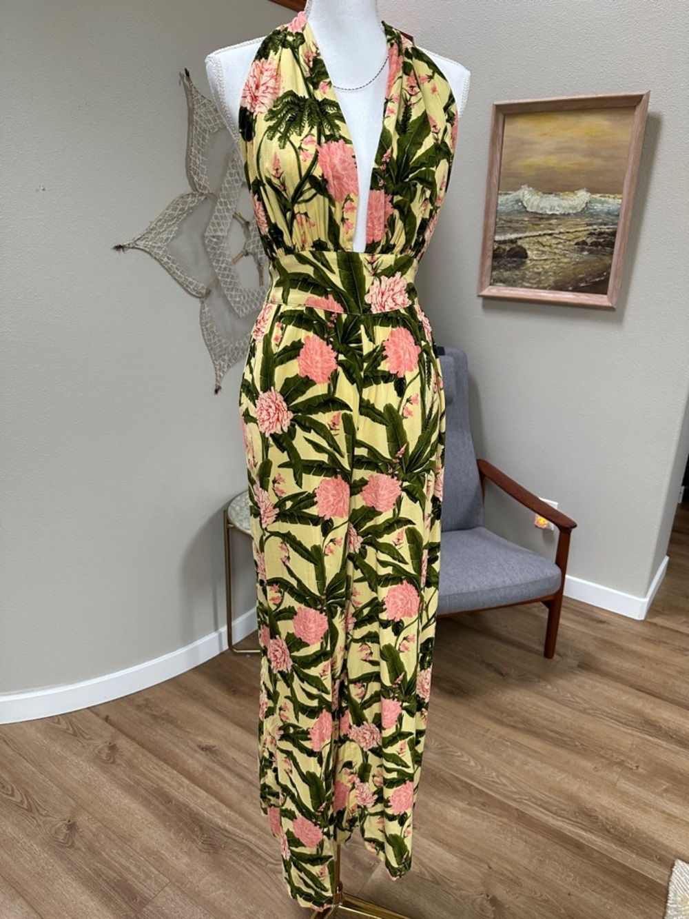 Agua Bendita Floral Halter wide leg jumpsuit in Yellow, Pink & Green